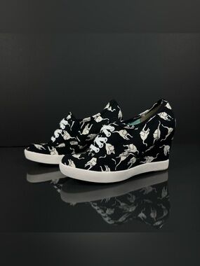Cat Print Wedge Sneakers BC Footwear Black Canvas Shoes Size 6
